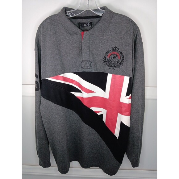 Coogi Australian Rugby Shirt XL Gray Flag Elbow Patches Embroidered Long Sleeve - Picture 1 of 9